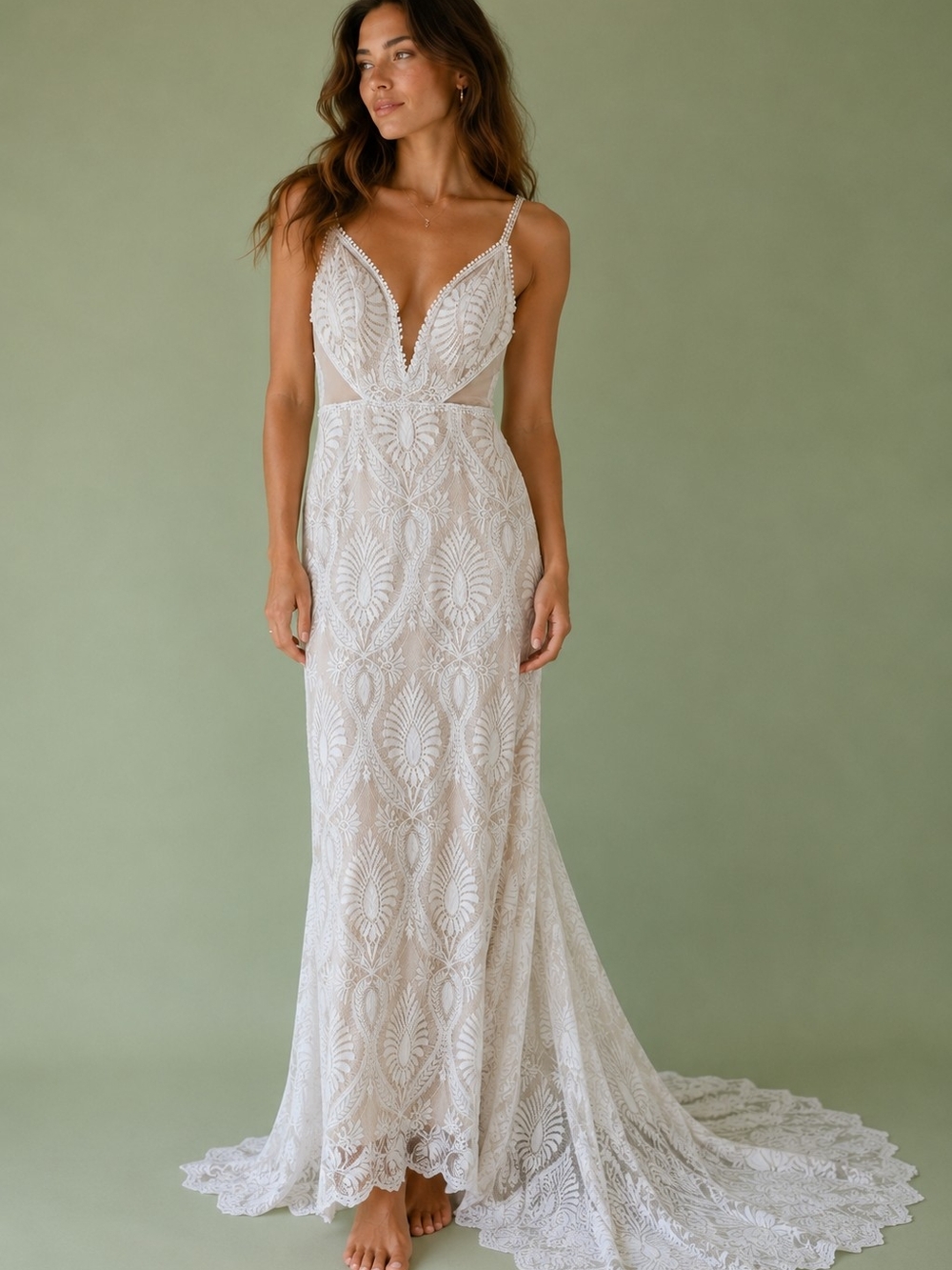 Ivory Boho Lace Bridal Maxi Dress High Low Train Sheer Plunge